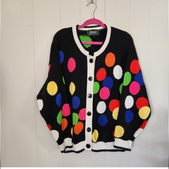 Vintage Sweaters - Vintage 💯 cotton Polka Dot Sweater Cardigan  80s 90s 1990s Cabincore Preppy
